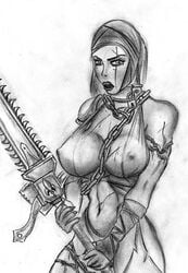 1girls adepta_sororitas big_breasts black_and_white black_lipstick blood chains chainsword female female_focus female_only imperium_of_man looking_at_viewer monochrome no_bra scar sister_of_battle sister_repentia tagme warhammer_(franchise) warhammer_40k