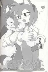 amy_rose anthro breasts comic female fur furry furry_bomb furry_only hedgehog japanese_text kneeling male mammal mitsuharu_takura monochrome nude penis sega sonic_(series) sonic_the_hedgehog straight straight_hair text thigh_sex translation_request