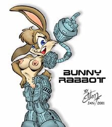 1girls 2001 archie_comics belly_button bending_ear blank_background blue_eyes breasts brown_fur bunnie_rabbot bunny closed_legs cybernetic_arm cybernetic_legs elton female female_only four_fingers hand_on_hip nipples pussy rabbit sega sonic_(series) straight_hair tan_fur