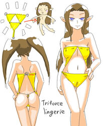 1girls bare_shoulders blue_eyes brown_hair cameltoe chibi erect_nipples lingerie minus8 nintendo pointy_ears princess_zelda smooth_skin the_legend_of_zelda thigh_gap tied_hair triforce_bikini twilight_princess twintails underwear zelda_(twilight_princess)