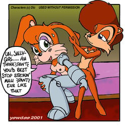 2001 2girls archie_comics bed bedroom_eyes bending_ear blue_eyes breasts brown_fur bunnie_rabbot bunny chipmunk crossing_legs cybernetic_arm cybernetic_legs english_text female female_only four_fingers green_eyes hand_on_leg mattress multiple_girls nipples orange_fur peach_fur purple_highlights rabbit sally_acorn sega sitting sonic_(series) straight_hair tan_fur whiskers yewdee