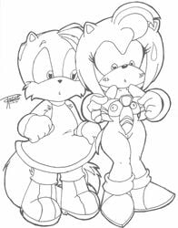 2001 amy_rose anthro breasts clothed_male_nude_female clothes_swap clothing clothing_swap cmnf cosplay dress drs female fox front_view fur furry furry_only hedgehog interspecies male monochrome necktie nude sega short_hair sonic_(series) standing straight_hair tails