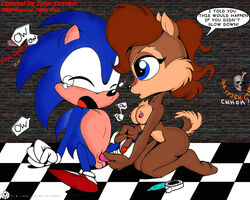 anthro archie_comics breasts chipmunk closed_eyes fatalis female fur hedgehog interspecies male mammal nipples penis rodent sally_acorn sega side_view sitting sonic_(series) sonic_the_hedgehog straight straight_hair tagme tail text