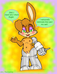 archie_comics belly_button bending_ear blush breasts brown_fur brown_tail bunnie_rabbot bunny cybernetic_arm cybernetic_legs dripping_pussy english_text four_fingers green_eyes nipples nude_female oil purple_highlights pussy rabbit radiant_background sega sonic_(series) straight_hair tan_fur toonpimp