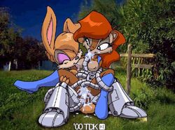 2000 2girls anal_penetration anal_probe archie_comics barely_visible_nipples blue_boots blue_eyes blue_sky blue_vest boots breasts brown_fur bunnie_rabbot bunny chipmunk closed_eyes cybernetic_arm cybernetic_legs female female_only fence fingering forest four_fingers hand_on_head hand_on_thigh houses legs_spread lesbian multiple_girls probe rabbit red_hair saliva sally_acorn sega sitting sitting_on_lap sitting_on_person sonic_(series) straight_hair sucking_nipples switch tail tan_fur tdk tentacle tentacle_sex three_toes vest yuri