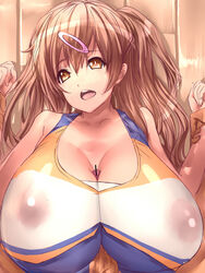 arm_grab bare_shoulders breasts brown_eyes brown_hair censored cheerleader chuunibyou_demo_koi_ga_shitai! cleavage dodai_shouji female gigantic_breasts hair_ornament hairclip huge_breasts long_hair lying nibutani_shinka nipples on_back open_mouth paizuri paizuri_under_clothes penis penis_under_clothes pov see-through solo wrist_grab