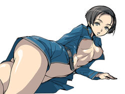 akaga_hirotaka areola_slip areolae arm_support ass belt black_hair breasts clothes color female female_only fullmetal_alchemist grey_eyes human looking_back lying maria_ross military military_uniform mole nipples no_bra no_panties on_side open_clothes short_hair solo thighs underboob uniform