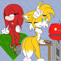 anthro artist_request breasts canine echidna exposed_torso female female_only footwear fox fur genderswap handwear humanoid knora_the_echidna knuckles_the_echidna looking_aside mammal master_emerald miles_tails_prower multiple_females multiple_girls rule_63 sega sitting sonic_(series) standing straight_hair table tagme tail tails tails_the_fox tailsko tool wink wrench