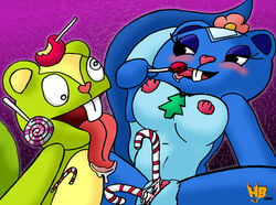 2003 anthro blue_body blue_fur breasts candy candy_cane candy_cane_insertion female flower furry green_body green_fur happy_tree_friends hentai_boy interspecies lazy_eye male male/female mondo_media nipples nutty nutty_(htf) petunia petunia_(htf) skunk squirrel straight tagme