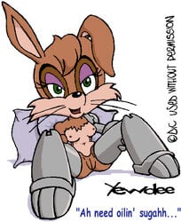 1girls 3_toes 4_fingers archie_comics belly_button bending_ear black_nose breasts brown_fur bunnie_rabbot bunny cybernetic_arm cybernetic_legs english_text eyelashes female green_eyes hands_on_thighs nipples pillows purple_highlights pussy rabbit resting_on_pillows sega smile sonic_(series) straight_hair tan_fur whiskers yewdee