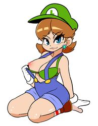 1girls areolae arm_support blue_eyes bra bra_pull breasts brown_hair chubby clothing cosplay earrings erect_nipples female female_only flashing full_body gloves green_bra hat highres kneeling large_breasts looking_at_viewer luigi's_hammer_toss luigi_(cosplay) mario_(series) nintendo nipples notepaddy one_breast_out overalls princess_daisy seiza short_hair simple_background sitting smile socks solo striped_socks super_mario_bros. super_mario_land underwear white_background white_gloves wide_hips