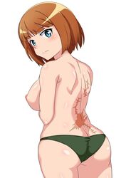 ass blue_eyes blush brave_witches breasts brown_hair gundula_rall large_breasts looking_back nipples panties scar short_hair strike_witches world_witches_series