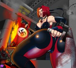 ass blade blood bloodrayne burning cameltoe dat_ass dead dead_body death dhampir female_vampire fire gun handgun latex mauser_c96 nazi rayne red_hair redhead shiny_clothes short_hair showing_ass skin_tight slutty_outfit swastika tacticaljunk tight_pants vampire