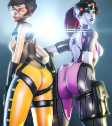 2girls 3d ass breasts brown_hair dat_ass female female_only goggles long_hair looking_at_viewer looking_back mitrild-sfm overwatch purple_hair source_filmmaker tracer widowmaker