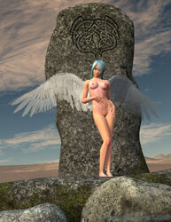 1girls bent_knee blue_eyes blue_hair breasts female female_only hand_on_hip hand_on_stomach nipples nude solo tagme wings wynd xxxelfxxx