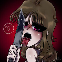 brown_hair cute_deth cute_deth(artist) cute_deth(character) knife knife_in_mouth knife_play licking_knife