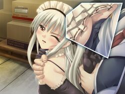 ass censored ema_airin female game_cg hand_on_shoulder headdress male manami_kiryuu minna_daisuki_kozukuri_banchou no_panties open_mouth penis red_eyes restrained silver_hair