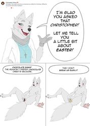 anthro blush breasts canine celeste_(artist) clothed clothing comic english_text female looking_at_viewer mammal masturbation nipples penetration pussy smile solo spread_legs spreading text vaginal_penetration vaginal_penetration wolf