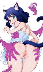 animal_ears ass ass_grab blue_hair blush cat_ears cat_tail curly_hair cyan_(show_by_rock!!) female green_eyes highres looking_at_viewer looking_back open_mouth optionaltypo pussy pussy_juice ringlets show_by_rock!! simple_background sketch solo_focus tail