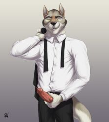 animal_genitalia animal_penis bedroom_eyes canine canine_penis clothed clothing erection furry furry_only grin half-closed_eyes holding_penis knot looking_at_viewer male male_only mammal necktie no_humans penis poking_out rov seductive simple_background smile solo suit timber_wolf wolf