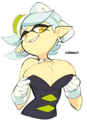 1girls artist_name big_breasts brekkist cleavage clothed earring earrings female female_only gloves handwear inkling large_breasts marie_(splatoon) orange_pupils pale_skin pointy_ears simple_background smile solo splatoon squid_sisters symbol-shaped_pupils tentacle white_background yellow_eyes yellow_iris