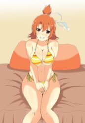 bare_shoulder bikini blush bra breasts brown_eyes fuma_(senran_kagura) grin navel orange_hair panties senran_kagura short_hair smile