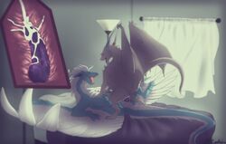 2017 animal_genitalia bed bedroom blue_skin cannibalistic-tendencies closed_eyes cowgirl_position cum cum_in_pussy cum_inside cum_on_penis curtains dragon duo erection eyewear feathered_wings feathers female female_on_top feral feral_on_feral fur furred_dragon genital_slit glasses horn_ring internal knot knotting kothorix lamp lying male male_penetrating malik mane membranous_wings on_back on_bed on_top open_mouth orgasm penis pince-nez purple_penis quadruped saliva scales sex side_view slit smile spread_wings straight teeth tongue tongue_out white_feathers white_fur white_scales wings