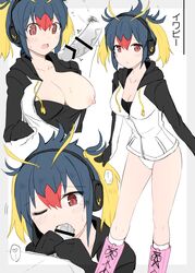 1boy blush boots breasts censored clothing fellatio female headphones heart jacket kanji kemono_friends looking_at_viewer monochrome nipples no_bra one_eye_closed open_clothes open_mouth oral panties penis pubic_hair rayze rockhopper_penguin_(kemono_friends) saliva short_hair standing tears thighs tied_hair tongue twintails