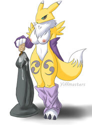 2017 anthro big_breasts blue_eyes blush breasts canine clothing digimon dildo female female_only fox fur lube mammal nipples nude renamon sex_toy simple_background solo standing tuft white_background white_fur yellow_fur yiffmasters