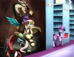 2017 alicorn antlers belt cum cum_in_pussy cum_inside cutie_mark discord_(mlp) draconequus equine feathered_wings feathers female feral fluttershy_(mlp) friendship_is_magic glowing group hair hi_res horn levitation library long_hair magic male mammal my_little_pony open_mouth otakuap penetration penis pink_hair pussy sex spike_collar straight tongue vaginal_penetration wings yellow_sclera