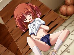 buruma game_cg gym_storeroom gym_uniform masturbation moaning puchi_puchi_majo_sensei! red_hair self_fondle short_hair sitting socks tied_hair twintails vaulting_horse