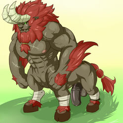 1boy abs animal_genitalia animal_penis breath_of_the_wild equine_penis furry glowing glowing_eyes hair horsecock lynel male male_only monster muscular nintendo nipples pecs penis scar solo standing taur the_legend_of_zelda video_games welvet