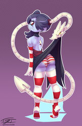 ass back_view blue_skin bone detached_sleeves female hair_over_one_eye hardtones leviathan_(skullgirls) monster_girl panties red_eyes skirt skirt_lift skullgirls squigly striped striped_legwear striped_panties striped_sleeves thighhighs zombie