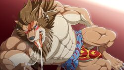 abs absurd_res armpits blush broken_(artist) cum erection feline hi_res lion loincloth looking_at_viewer male male_only mammal muscular orgasm pecs red_background simple_background tenting