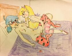 2girls ass blonde_hair blue_eyes blue_hair blush breasts crossover dildo female female_only heart_cheeks horned_headwear ladybug_(character) long_hair magic_wand marinette_cheng marinette_dupain-cheng mask miraculous_ladybug multiple_girls nipples nude open_mouth pussy sex_toy star_butterfly star_vs_the_forces_of_evil straight_hair tied_hair twintails underdogfan40 wings yo-yo yuri