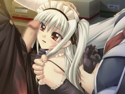 2boys ema_airin female game_cg hand_on_head hand_on_shoulder headdress manami_kiryuu minna_daisuki_kozukuri_banchou multiple_boys open_mouth penis red_eyes restrained silver_hair