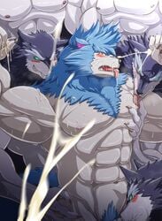 abs absurd_res anal armpits blush breath_of_fire broken_(artist) bukkake canine cum fellatio gilliam hi_res male mammal muscular nude oral orgasm pecs sex threesome video_games wolf yaoi