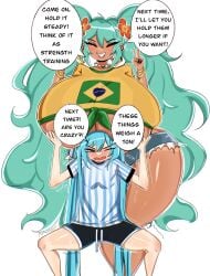 2girls argentinian_miku ass batcubus big_ass big_breasts big_thighs blush brazilian_female brazilian_miku breasts breasts_comparison butt cute cyan_eyes cyan_hair dialogue english_text female female_focus female_only fingering fingering_partner gigantic_ass gigantic_breasts gigantic_thighs hatsune_miku huge_ass huge_breasts huge_thighs hyper hyper_ass hyper_breasts size_difference sweat sweatdrop sweating tagme tan_body tan_skin tanned tanned_girl text thick_hips thick_thighs thighs twintails vocaloid voluptuous voluptuous_female yuri