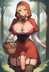 ai_generated basket big_breasts big_penis blonde_hair blue_eyes braid cleavage flaccid foreskin front_view futanari garter_straps highres holding_object huge_breasts huge_cock leather_corset little_red_riding_hood looking_at_viewer nipple_slip nipples_visible_through_clothing red_clothing red_dress red_hood red_riding_hood ribbon self_upload small_waist standing supermanson thick_thighs thighhighs twin_braids white_sleeves wide_hips