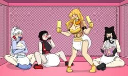 34qucker 4girls baby_bottle baby_rattle black_hair blake_belladonna blonde_hair blush book booty brainwashed brainwashing breasts dancing diaper diapered mittens no_skirt pacifier play_pen pouting rattle ruby_rose rwby sisters sitting tagme team_rwby weiss_schnee white_hair yang_xiao_long