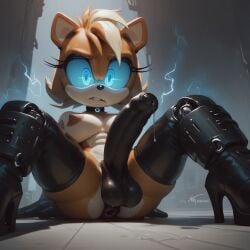 1futa ai_generated anthro anus balls breasts cyborg electricity foreskin futa_only futanari glowing_eyes high_heel_boots latex mobian_(species) oc original_character penis robot shortstack solo sonic_(series) sonic_oc thighhighs