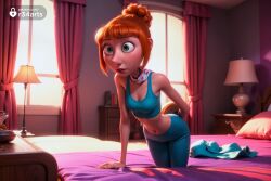 1girls ai_generated bed bedroom breasts cleavage curtains despicable_me despicable_me_4 green_eyes hair_bun hi_res indoors lamp lucy_wilde midriff navel on_bed orange_hair pants r34arts short_hair single_hair_bun small_breasts solo sports_bra window yoga_pants