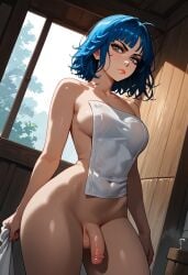 1futa ai_generated balls bathhouse blue_hair flaccid futa_only futanari grey_eyes jamesbron large_breasts medium_hair no_bra no_panties penis solo solo_futa standing thick_thighs thighs towel wide_hips