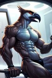 abs after_transformation ai_generated anthro athletic athletic_anthro athletic_male avian beak biceps big_muscles bird cuff_(restraint) experiment falcon feathers growth laboratory male male_only muscle_growth muscular muscular_anthro muscular_male navel nude panties pecs ripped_muscles solo standing steroids sweat test_subject thick_thighs transformation triceps underwear veiny_biceps veiny_muscles