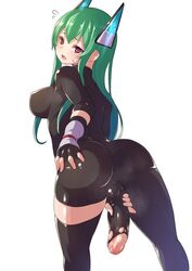 1futa ass bodysuit breasts clothed clothing cock-tail combat_s-ko fingerless_gloves full-package_futanari futa_only futanari grabbing_own_ass green_hair hair_ornament intersex long_hair masturbation mostly_clothed open_mouth partially_retracted_foreskin penis red_eyes simple_background solo sweat testicles torn_bodysuit torn_clothes uncensored