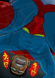 !? 1boy 2025 ass black_hair blush bodysuit bulge cosplay dated dc_comics erect_nipples_under_clothes erection gay glasses japanese_text male male_only muscular nipples_visible_through_clothing signature superman superman_(cosplay) superman_(series) sweatdrop taku_hiraku text thick_eyebrows translation_request worm's-eye_view