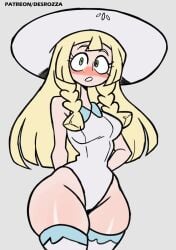 blonde_hair blush blush blushing_at_viewer breasts desrozza green_eyes hat leotard lillie_(pokemon) long_hair looking_at_viewer pokemon pokemon_sm small_breasts thick_thighs thighhighs thighs