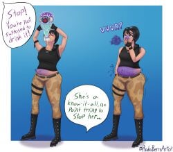 1girls ass_expansion belly_expansion big_ass big_belly big_breasts black_hair black_tank_top blue_skin blueberry_inflation breast_expansion burp burping camo_print denim_jeans dialogue drinking_potion expansion fortnite fortnite:_battle_royale fortnite:_save_the_world headhunter_(fortnite) inflation jeans light-skinned_female light_skin medium_ass medium_breasts navel potion potion_inflation pudgy_belly rndmberryartist skin_turning_blue tagme tank_top wide_hips