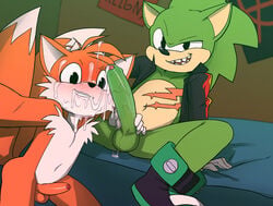 2boys anonanim bed camera cum erection facial foreskin gay large_penis looking_at_viewer male_only multiple_boys naughty_face nude penis penis_grab scar scourge_the_hedgehog self_shot sitting smile sonic_(series) tails teeth testicles uncensored yaoi