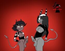 big_breasts big_cock big_cocks big_penis big_penis_embarrassment bigger_futa black_and_grey black_and_white black_hair blind_peacock_draws_(artist) bottomless bragging cock commission commission_art demon demon_girl demon_horns demon_tail futa_on_female futa_only futanari helluva_boss imp jealous jealous_look long_hair millie_(helluva_boss) partially_clothed red_eyes red_skin sallie_may_(helluva_boss) scar scar_across_eye scars short_hair sisters smiling tattoo tattoos transgender vein veins veiny veiny_penis vivienne_medrano vivziepop yellow_eyes